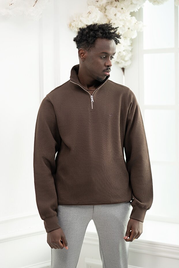 Regular Fit Zippered Mock Neck Cotton Thessaloniki Fabric Sweater with Side Pockets