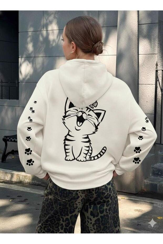 Cute Smiling Cat and Paw Printed Off-White Hooded Sweatshirt