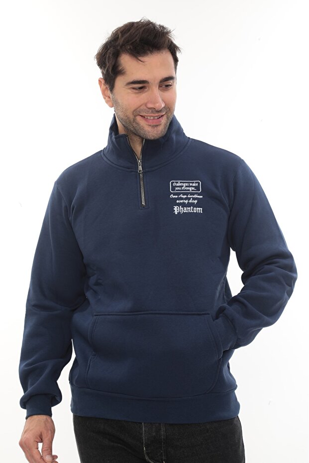 Men's Navy Blue Fleece Lined Half Zipper Stand Collar Cotton Sweatshirt