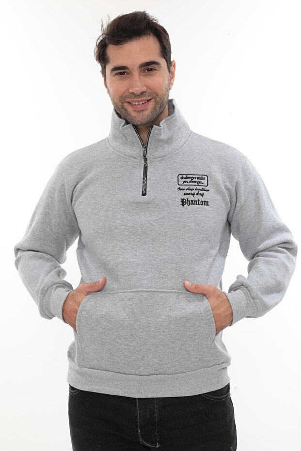 Men's Light Gray Fleece Lined Half Zipper Stand Collar Cotton Sweatshirt