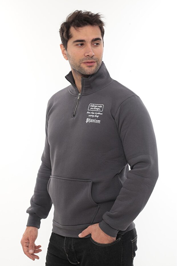 Men's Smoked Fleece Lined Half Zipper Stand Collar Cotton Sweatshirt