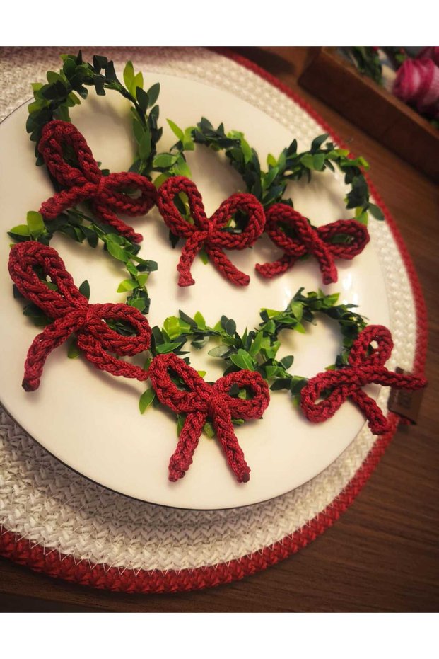 Christmas Themed String Napkin Ring Handmade Napkin Holder with Macrame Rope and Artificial Leaves | 6 Pieces