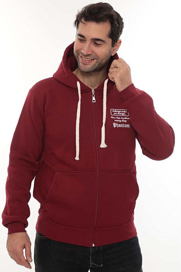 Men's Burgundy Full Zippered K Hooded Cotton Sweatshirt with Fleece Inside
