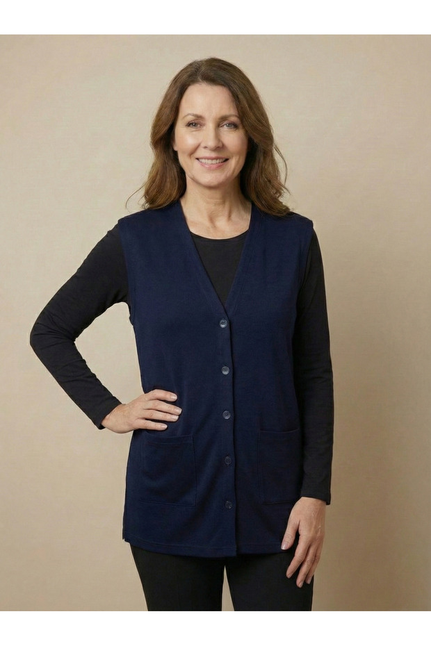 Women's Mother Basic Navy Blue Combed Cotton Vest with Buttons and Pockets Transitional