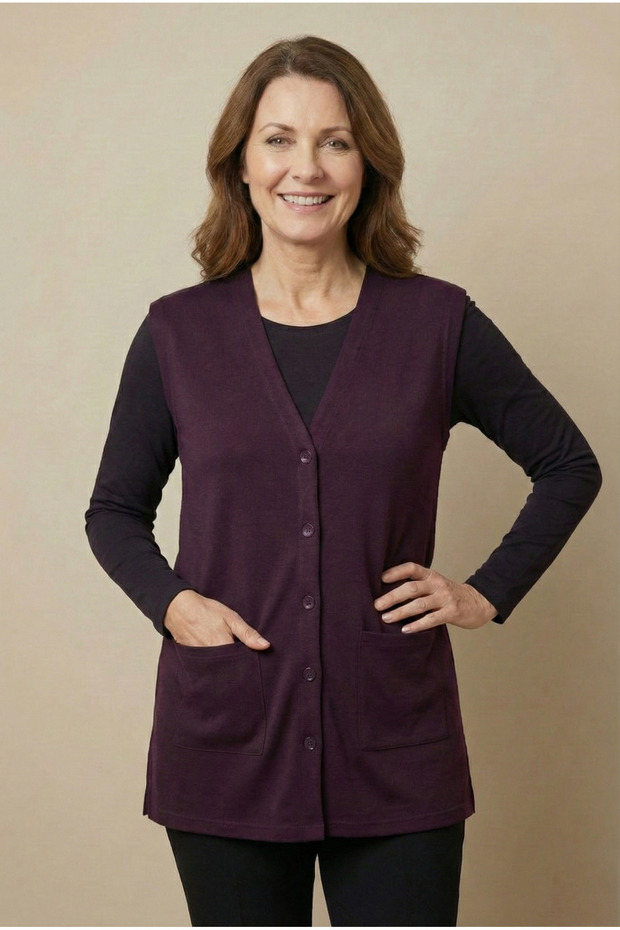 Women's Mother Basic Plum Combed Cotton Vest with Buttons and Pockets Transitional