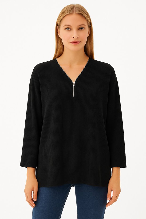 Women's Clothing Long-Sleeved Winter Zipper Detailed Stylish Blouse Mother Combed Cotton