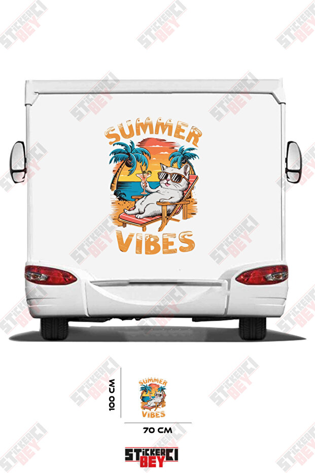 ملصق كارافان بتصميم قطة تشمئز من الشمس مع نص 'SUMMER VIBES'