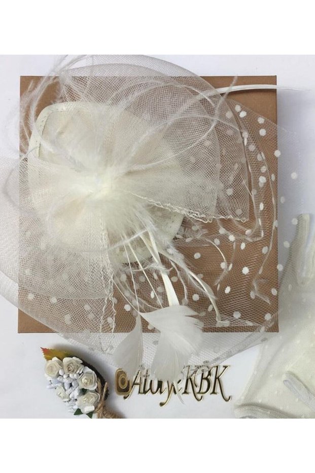 Set of 3 Ecru Polka Dot Bridal Cap Wedding Hat Voilet Groom Collar Flower and Feather Pen