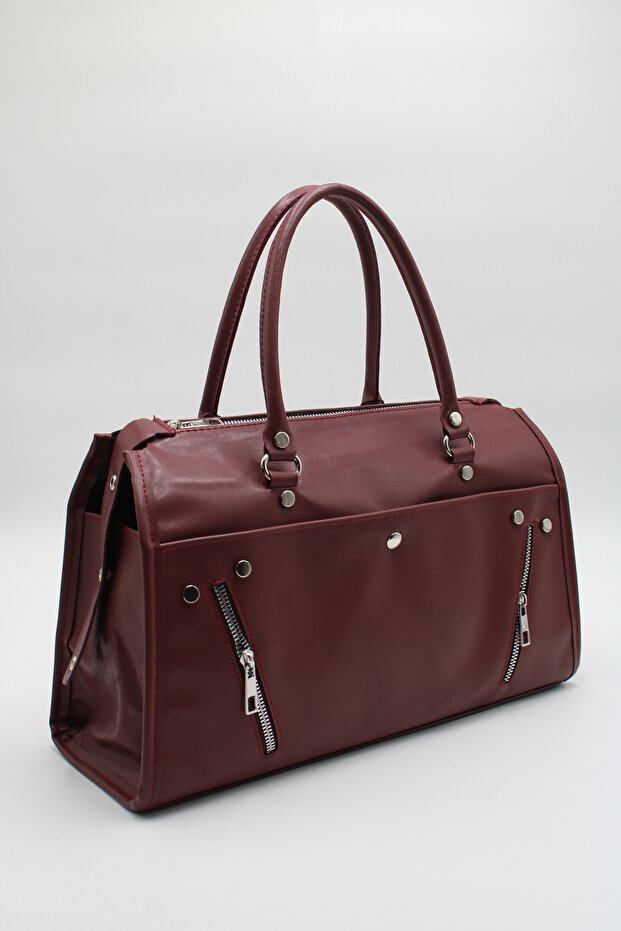 Women's Burgundy Zipper Detailed Front Pocket Long Strap Handbag and Shoulder Bag