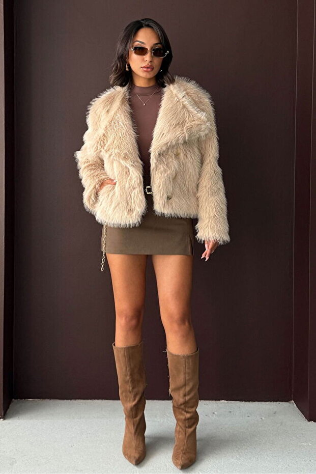 - Rabbit Fur Buttoned Coat - Stone