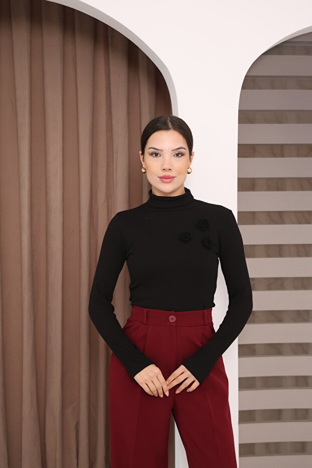 Turtleneck Rose Detailed Ribbed Knit Long Sleeve Blouse
