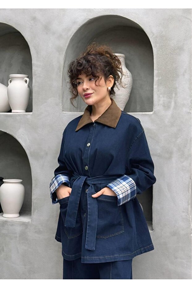 Velvet Collar Sleeve Decorated Denim Pants Jacket Two-Piece Set – Hijab Friendly