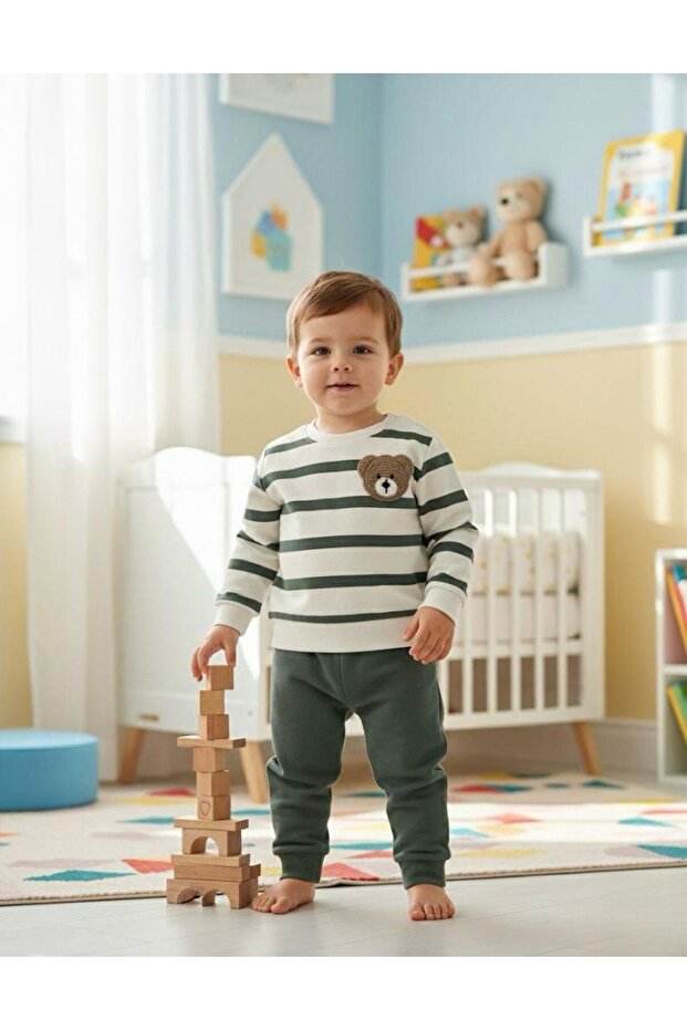 Boy's Striped Bear Tracksuit Set Green Color