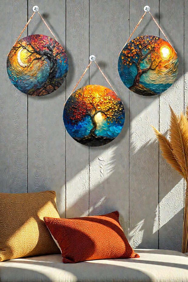 Brush Trace Tree Nature Sun Visual 3-Piece Stringed Wooden Wall Painting Set, Living Room Bedroom Modern Decor