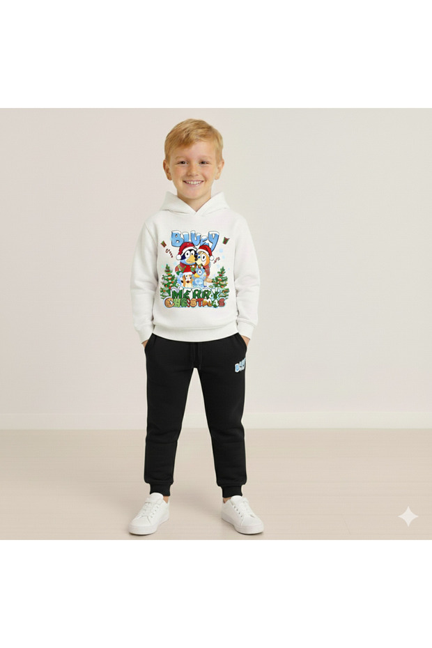 Boy's Christmas New Year Printed 3 Thread Fleece-Lined Hooded Winter Sweatshirt / Tracksuit Set