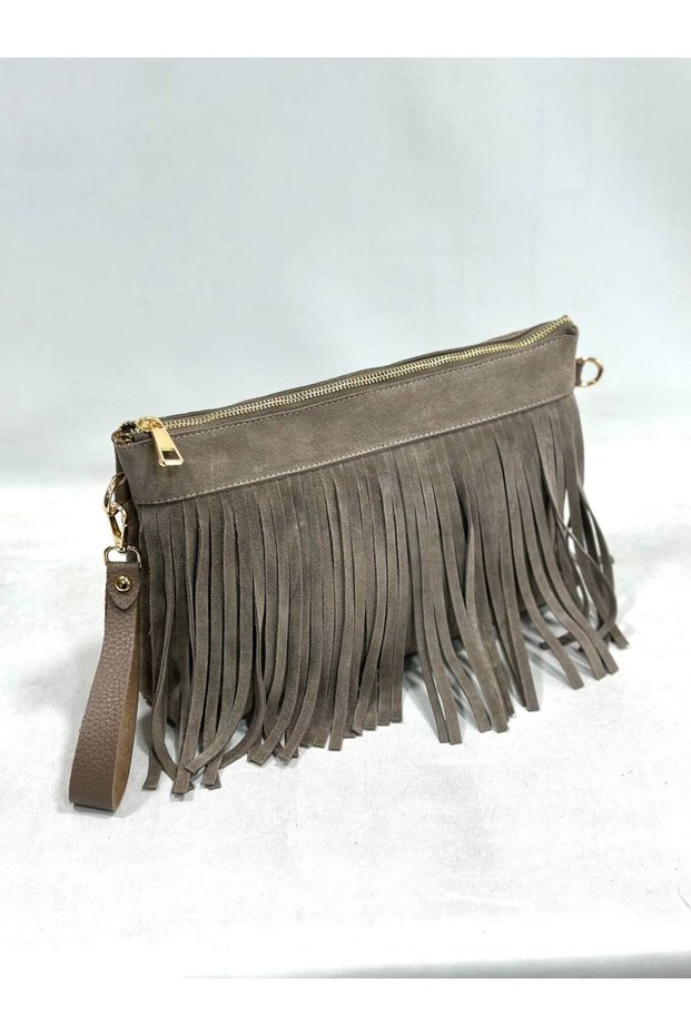Genuine Suede Leather Women's Portfolio Clutch Bag with Tassel Detail