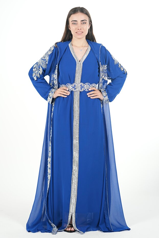 Belted embroidered kaftan dress