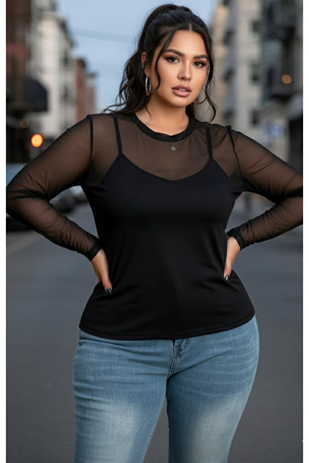 Women's Plus Size Top Long Sleeve Tulle Inner Strap Sandy 2-Piece Tulle Blouse Set