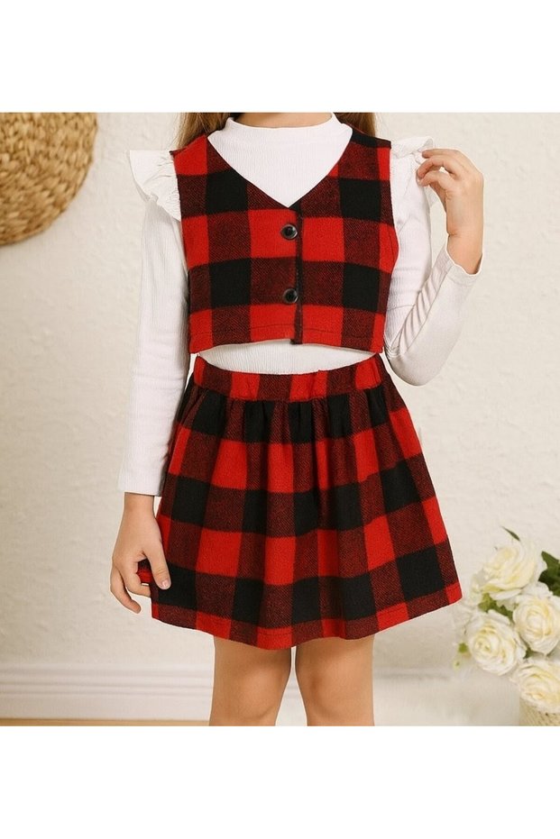 Girl's Ruffle Detailed Blouse Plaid Skirt Vest Set with Snap Closure