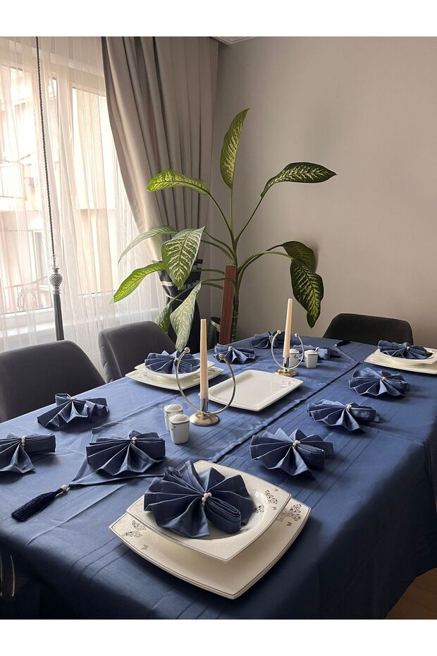 Colber Stripe Detailed Worry-Free Tablecloth Dinner Set for 12 People 26 Pieces - Table 160X220 - Indigo