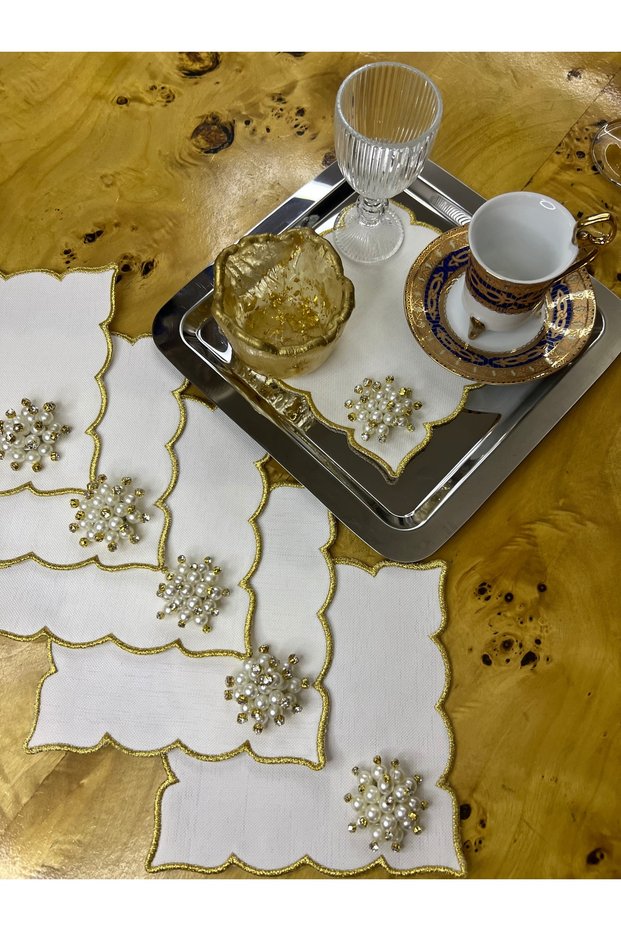 6 Pieces of Gardenia Fabric Cocktail & Coffee Presentation Napkins with Pearl Brooches and Edge Embroidery, Stain Resistant
