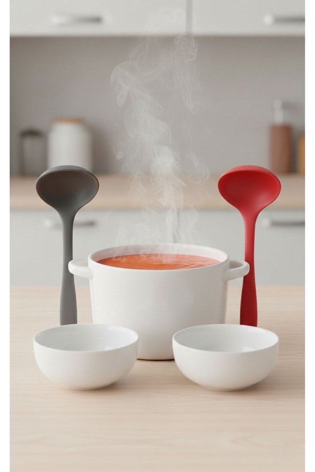 28 Cm. Set of 2 Silicone Soup Ladles - Heat Resistant Hard Tip Red & Gray