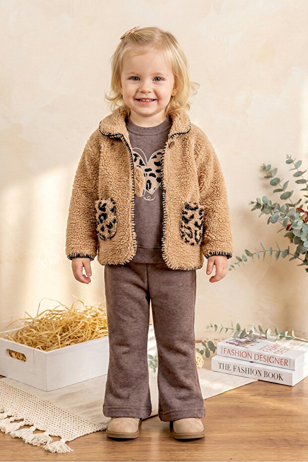 Two Thread Winter Baby Girl Suit Set with Plush Cardigan