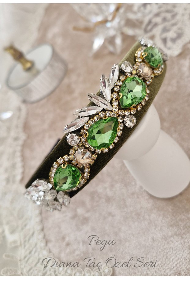 Olive Green Crystal Cut Stone Special Design Velvet Crown, Invitation, New Year, Wedding, Prom, Christmas, New Year