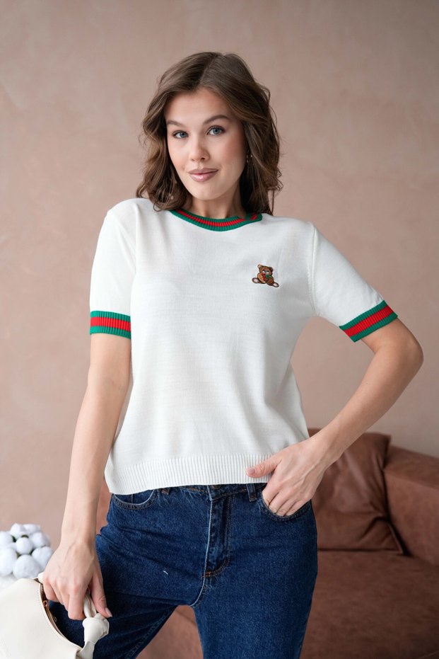 Women's Crew Neck Short Sleeve Striped Knitwear Sweater 10229
