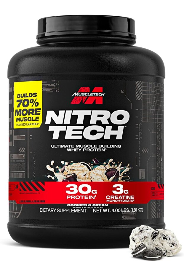 Nitro Tech Whey Protein, Cookies And Cream, 4 Lb, Enhance Muscle & Strength & Performance.