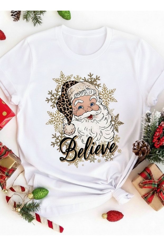 Unisex Christmas Leopard Pattern Hat with Believe Written Santa Claus Design T-Shirt 100% Cotton