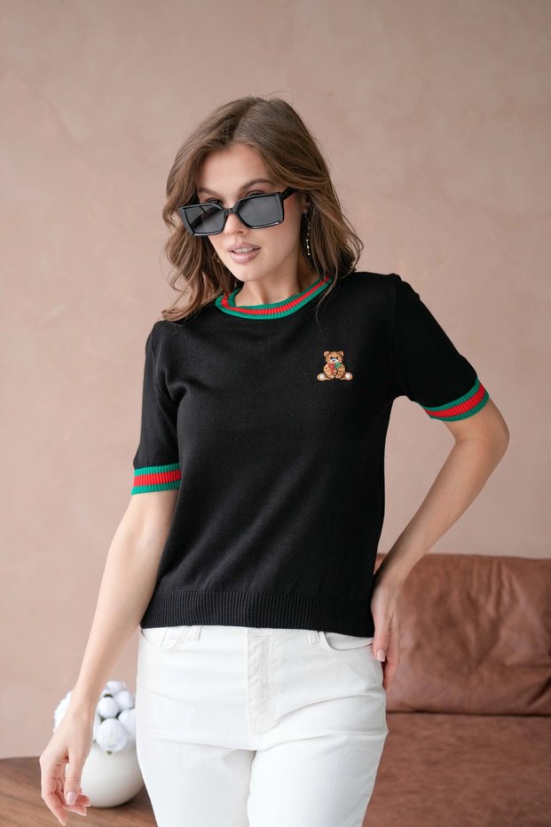 Women's Crew Neck Short Sleeve Striped Knitwear Sweater 10229