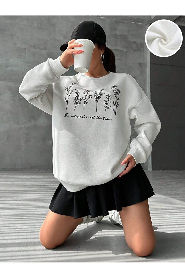 Women's White Optimistic Garden Printed Oversized Crew Neck Sweatshirt
