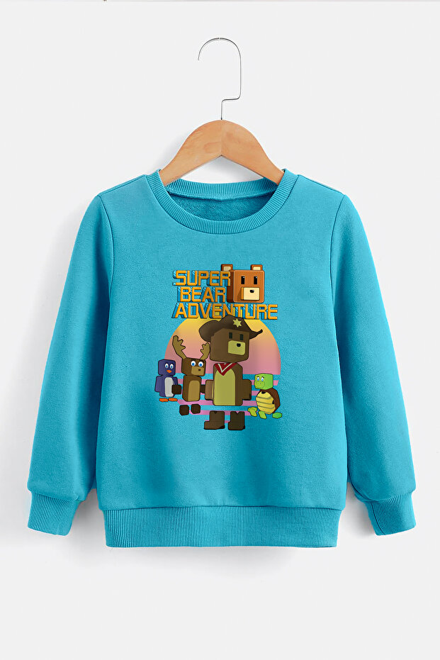 Super Bear Game Character Pattern Printed Boys and Girls Black Pink Blue Sweatshirt