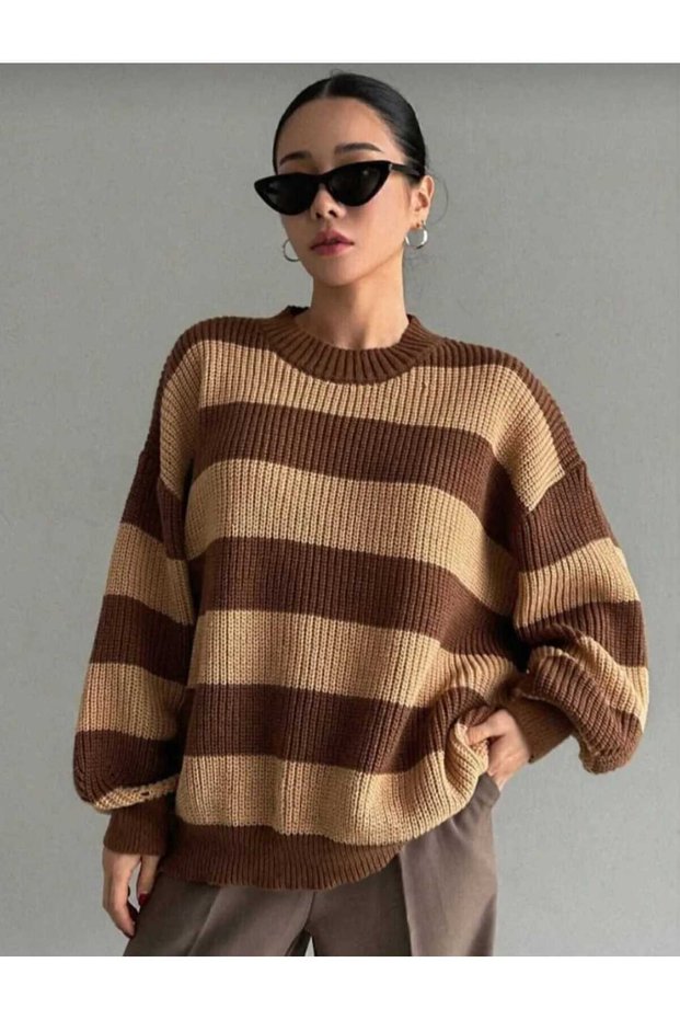 Brown Striped Crew Neck Oversize Women's Knitwear Sweater