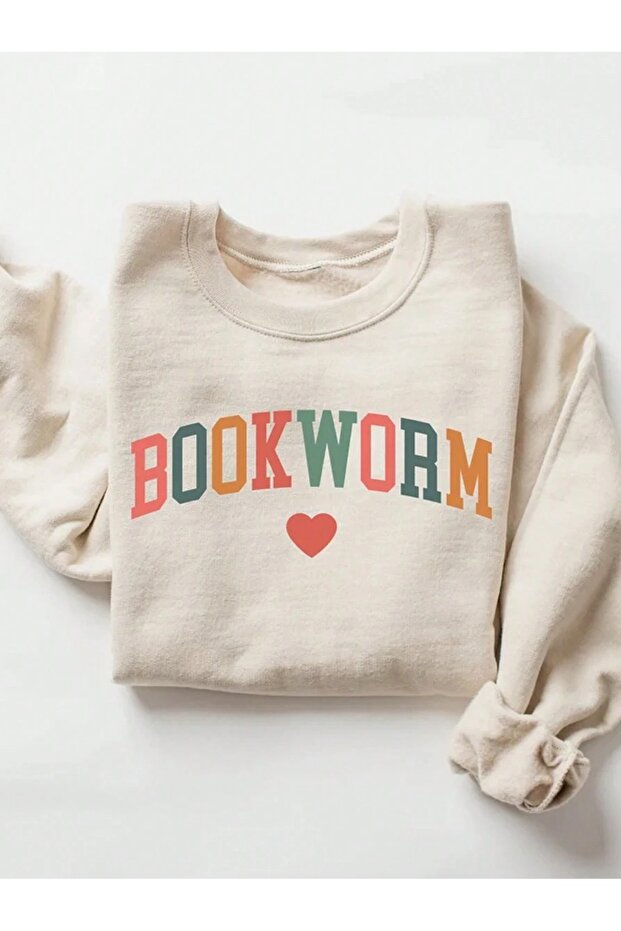 سويت شيرت نسائي باللون البيج من Bookworm مطبوع قصة فضفاضة برقبة دائرية
