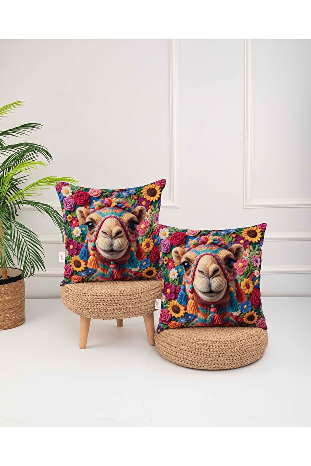Bohemian Floral Camel Themed 3D Effect 2-Piece Digital Print Throw Pillow Cover
