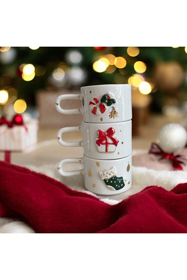 New Year's Candy Cane Gift Pack of 3 Gold Detailed Embossed Handmade Ceramic Mugs