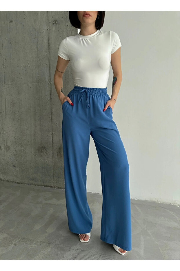 Blue Elastic Wide Leg Trousers - 3374