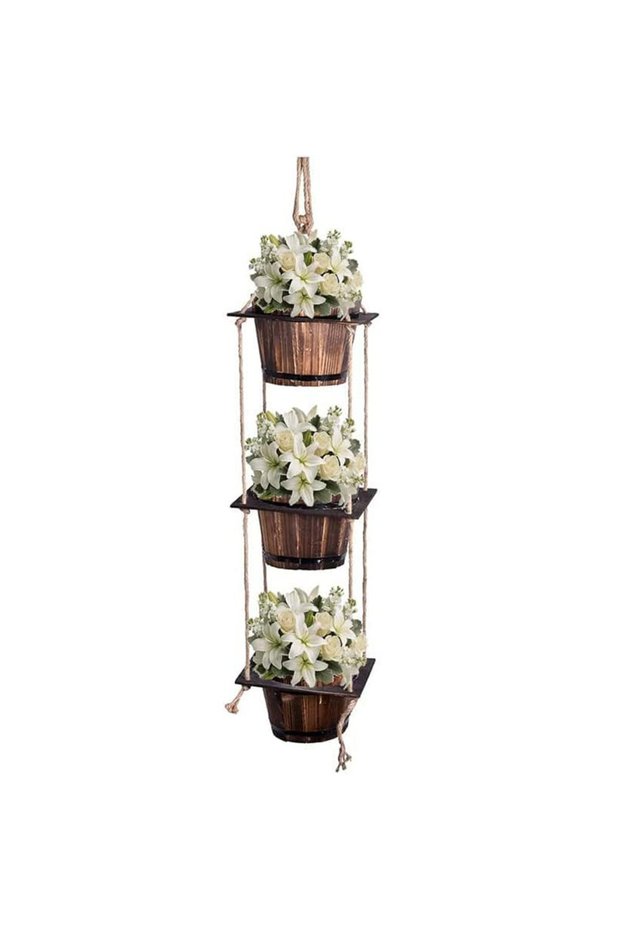 OneDcor Wooden Hanging Flower Vases Garden Decoration Hanging Garden Planter Flower