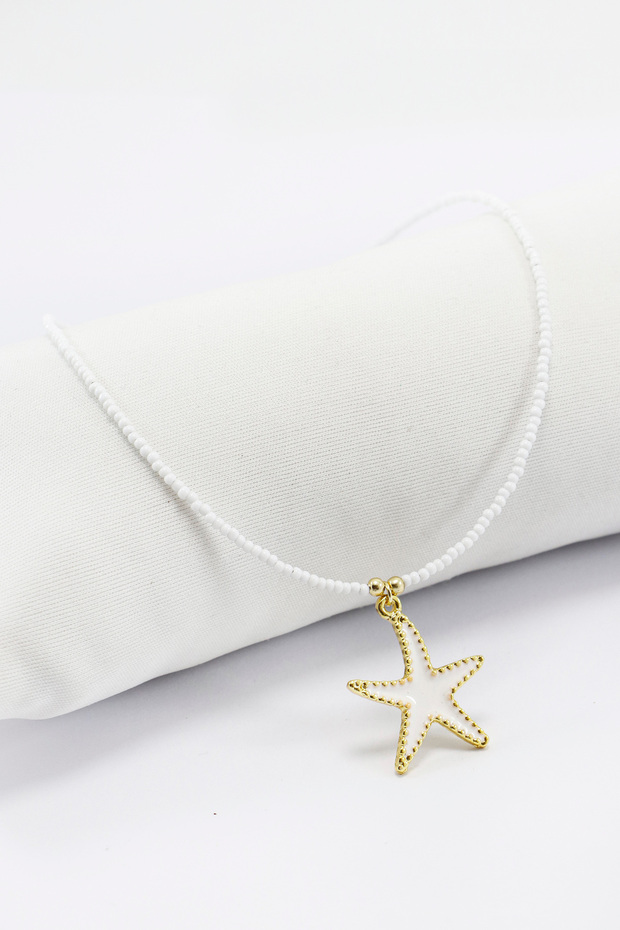 White Enamel Metal Star Bijouterie Necklace, White Sand Beaded Accessory