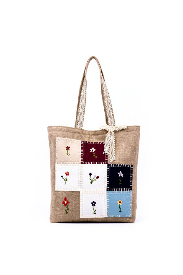 Shoulder Bag Patchwork Jute Fabric Cnt141225