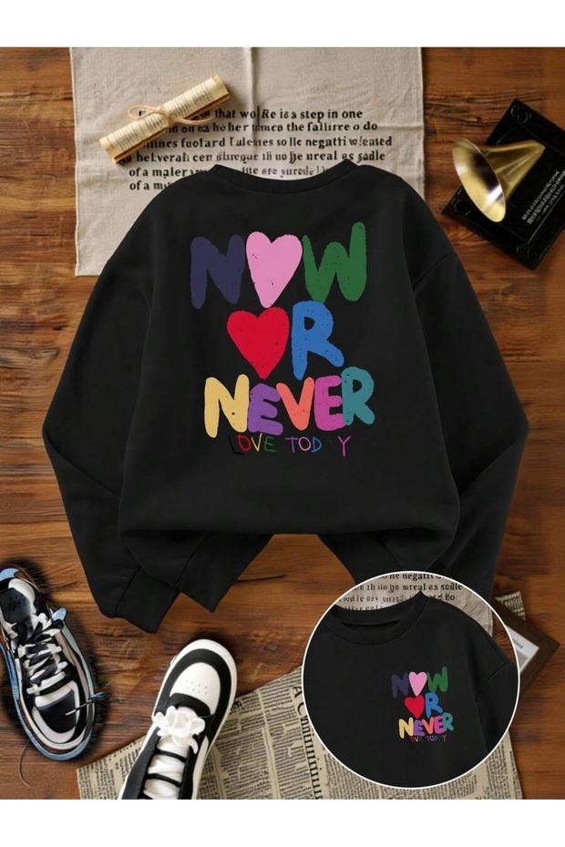 Women's Black Now or Never Printed Oversized Crew Neck Sweatshirt