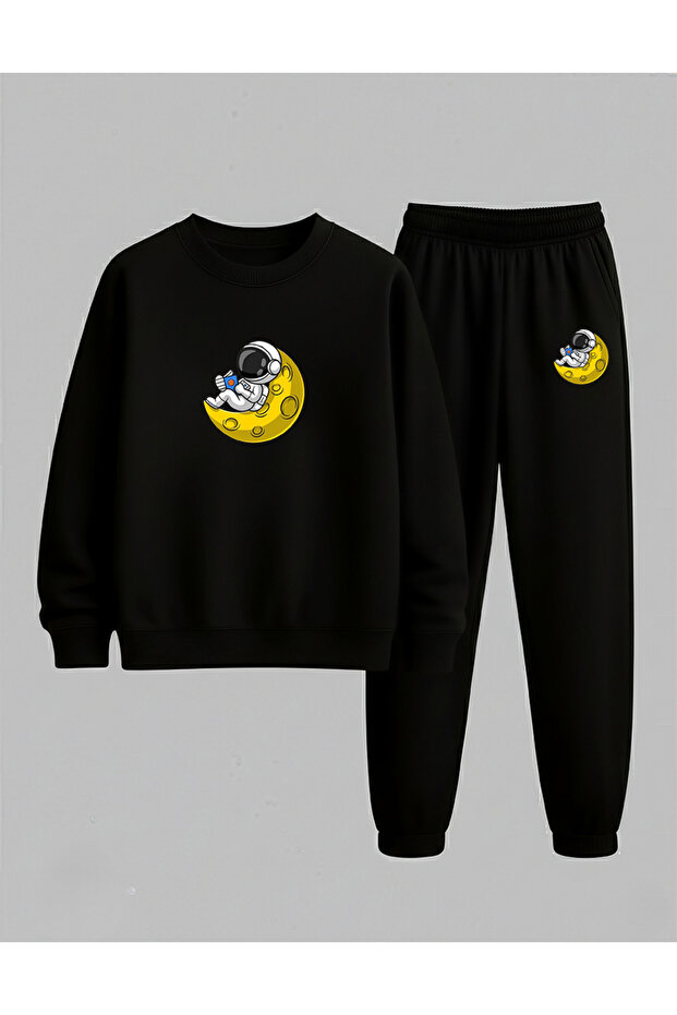 Children's Crew Neck Sweatshirt - Tracksuit Set Unisex Keyifci Astronot Ba Printed Threaded Ribbed