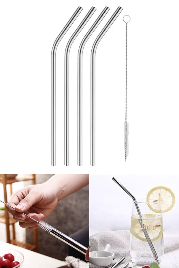 Steel Straw Stainless Steel Metal Soft Drink Straw and Straw Cleaning Brush Set 5 Pieces