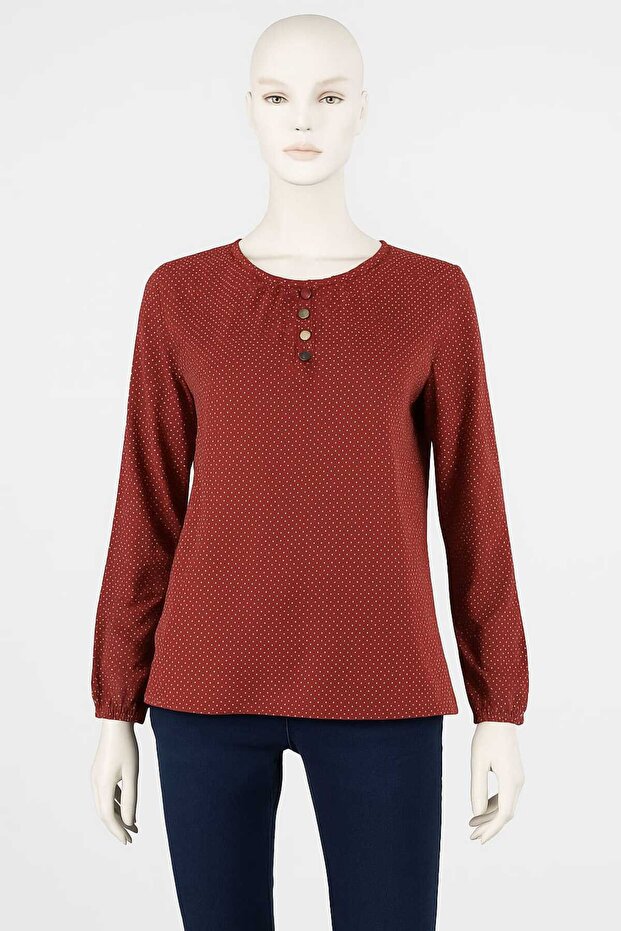 Women's Clothing Long-Sleeved Button Detailed Polka Dot Winter Mother's Combed Cotton Blouse