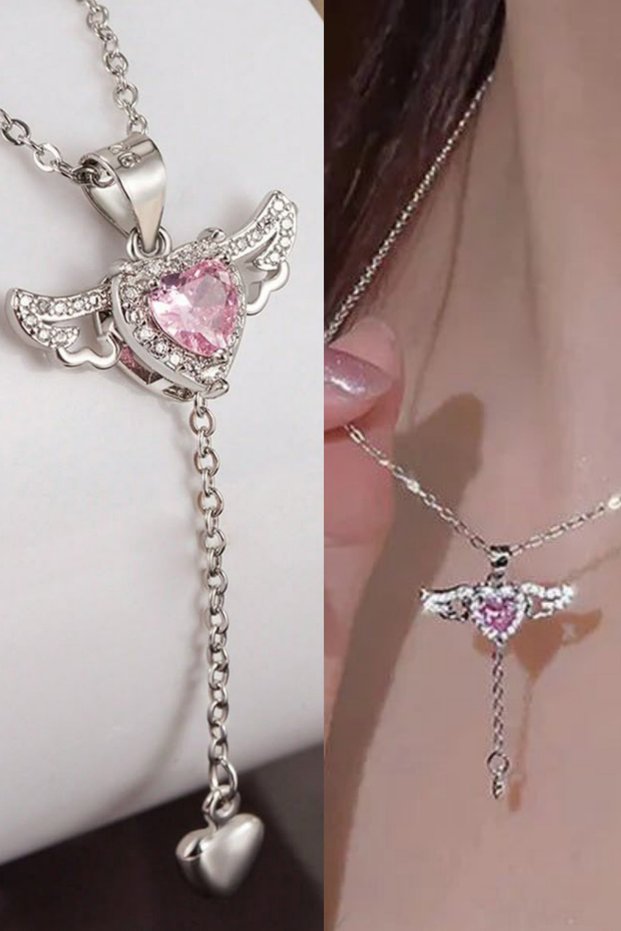 Pink Zircon Stone Movable Angel Wing Heart Necklace 316L Stainless Steel Romantic Gift