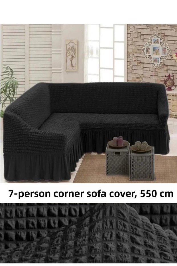 Bürümcük 7-Seater Corner Sofa, Sofa Cover, Armchair Cover, Elastic, with Skirt, L Corner 550 cm