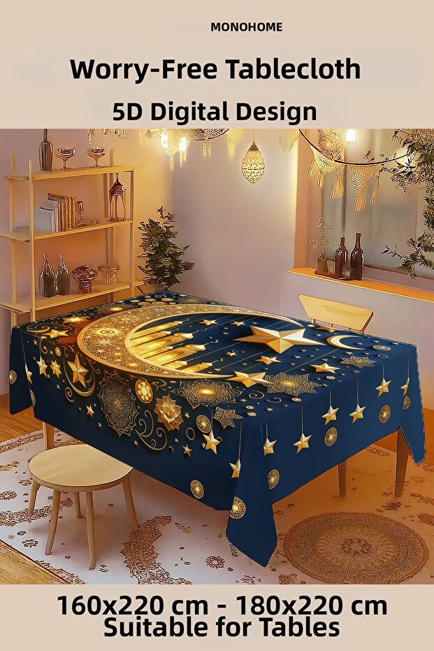 مفرش طاولة رمضان - تصميم رقمي خماسي الأبعاد منسوج خصيصًا باللون الأزرق الداكن