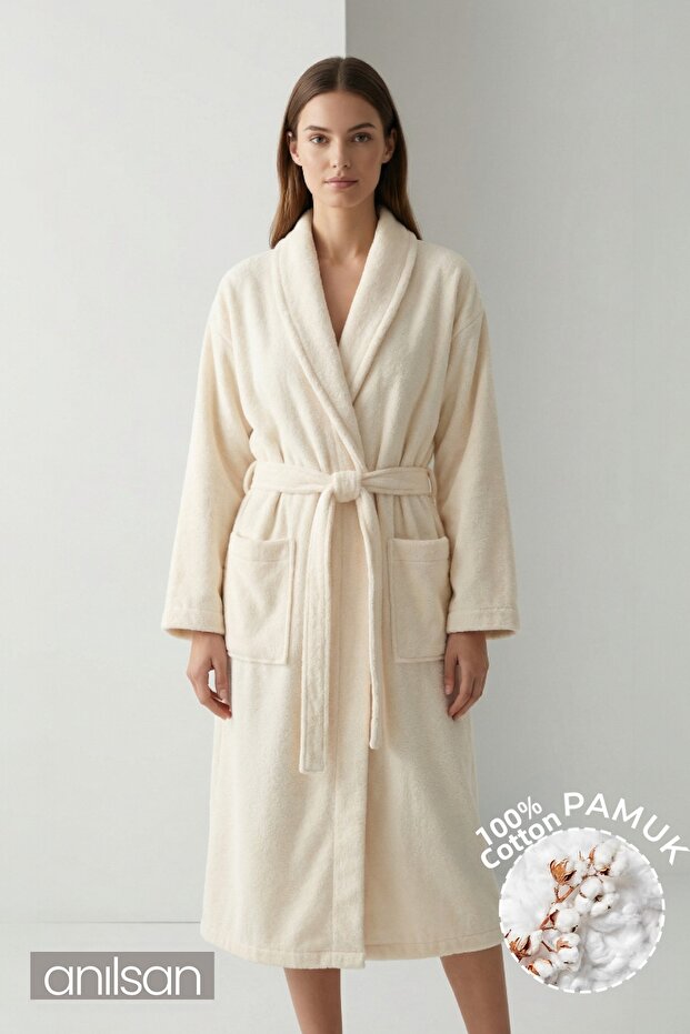 Şalyaka Bathrobe Cream 100% Cotton Unisex Ideal for Spa Women/Men
